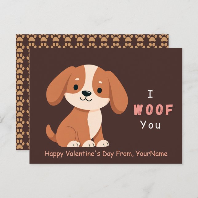 Cute Puppy Valentine Pun Card – I Woof You (Front/Back)