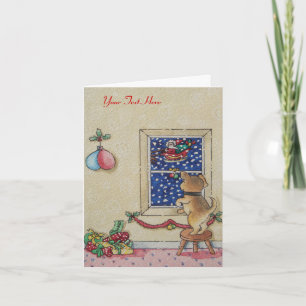 cute puppy watching santa sleigh flying christmas holiday card