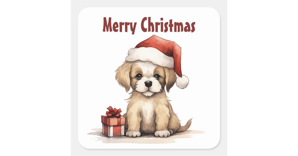 Cute Puppy Wearing a Santa Hat Merry Christmas Square Sticker | Zazzle
