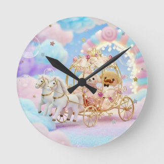 Cute Puppy Wedding Fairytale Carriage Round Clock