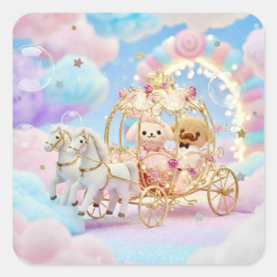 Cute Puppy Wedding Fairytale Carriage Square Sticker