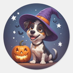 Cute Puppy Witch Hat And Pumpkin Halloween 🎃 Classic Round Sticker