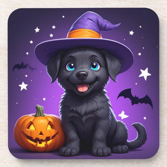 Cute Puppy Witch Hat Halloween 🐶 Coaster (Front)