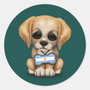 Cute Puppy with Argentinian Flag Dog Tag, teal Classic Round Sticker