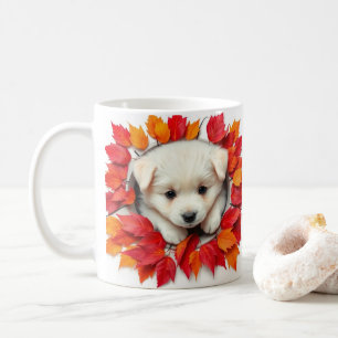 cute puppy with autumn leaves, mug wrap design