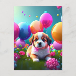 Cute puppy with balloons - birthday  invitation postcard