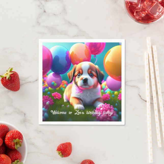 Cute puppy with balloons - birthday  napkin (Insitu)