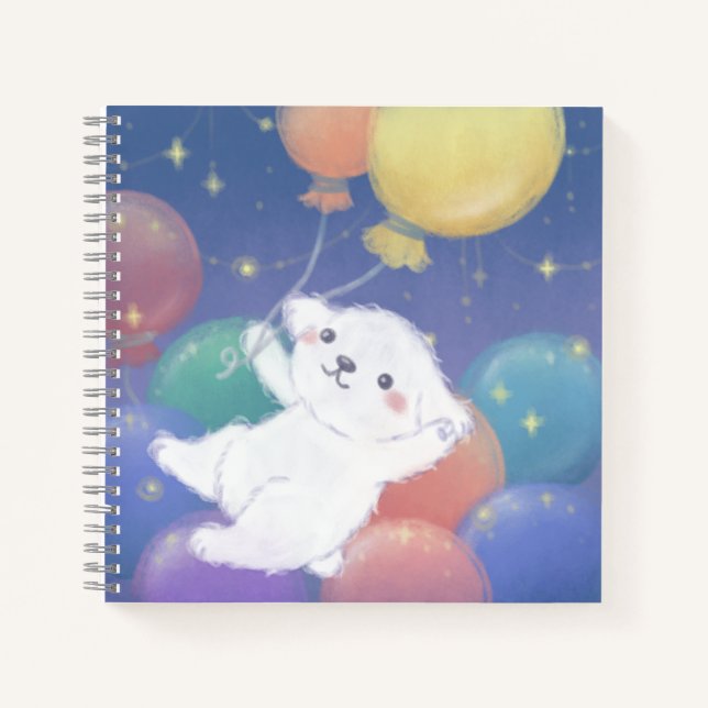 Cute Puppy with Balloons & Stars Notebook (Front)