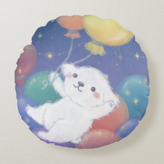 Cute Puppy with Balloons & Stars Round Cushion