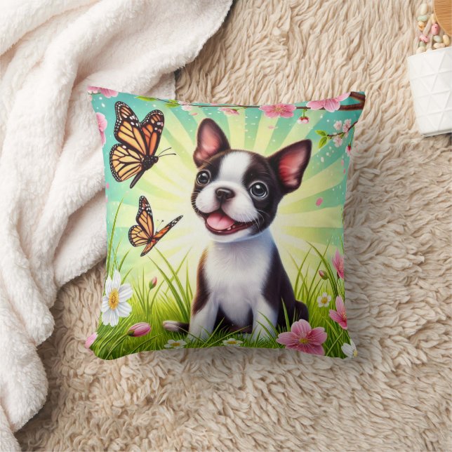 Cute Puppy with Blossoms and Butterflies  Cushion (Blanket)