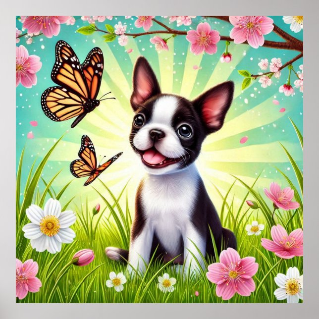 Cute Puppy with Blossoms and Butterflies Poster (Front)