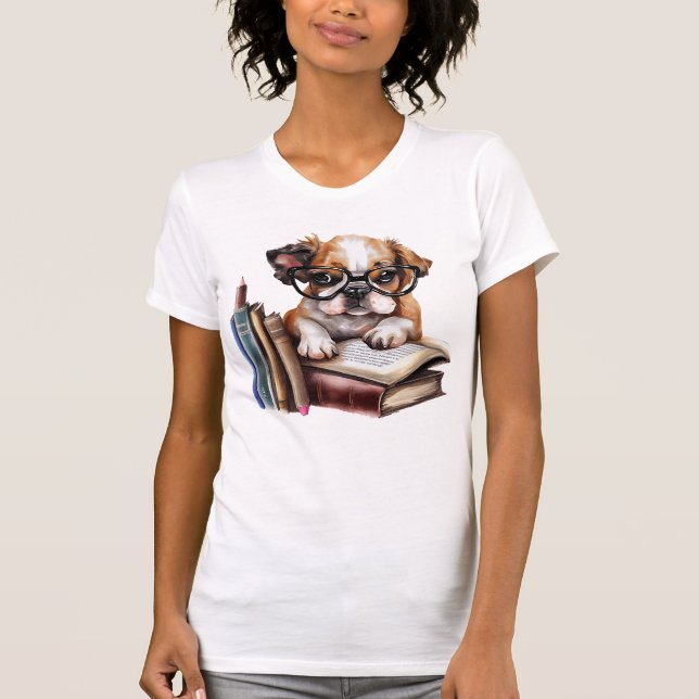 Cute Puppy with Books  T-Shirt (Front)