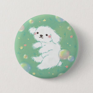 Cute Puppy with Bubbles and Flowers 6 Cm Round Badge