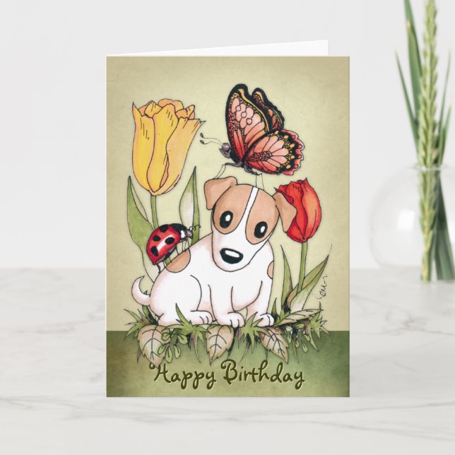 Cute Puppy with Butterfly and Ladybug Birthday Card (Front)