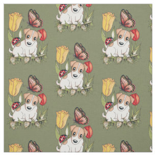 Cute Puppy with Butterfly, Ladybug and Tulips Fabric