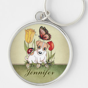 Cute Puppy with Butterfly, Ladybug and Tulips Key Ring