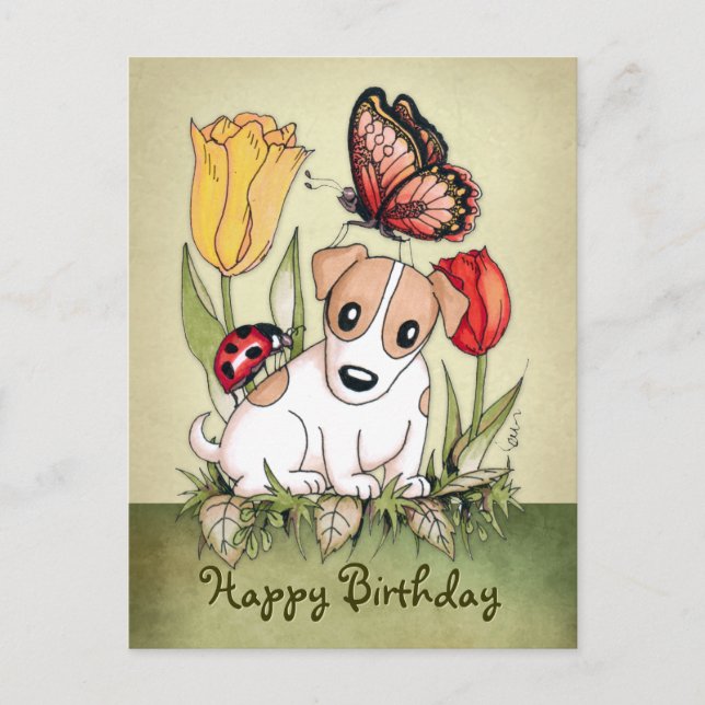 Cute Puppy with Butterfly, Ladybug and Tulips Postcard (Front)
