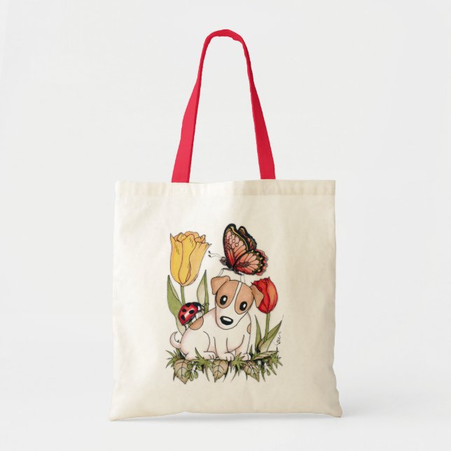Cute Puppy with Butterfly, Ladybug and Tulips Tote Bag (Front)