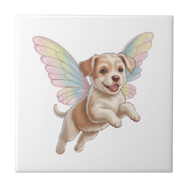 Cute Puppy with Glowing Fairy Wings — Magical Pet Ceramic Tile (Front)