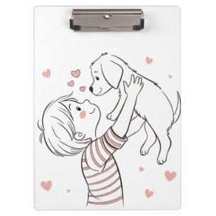 Cute Puppy with Happy Kid Cartoon Clipboard