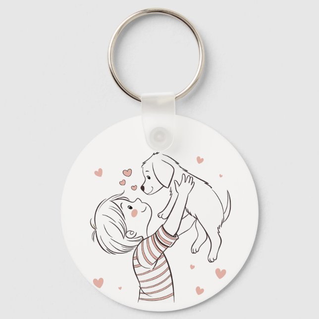Cute Puppy with Happy Kid Cartoon Key Ring (Front)