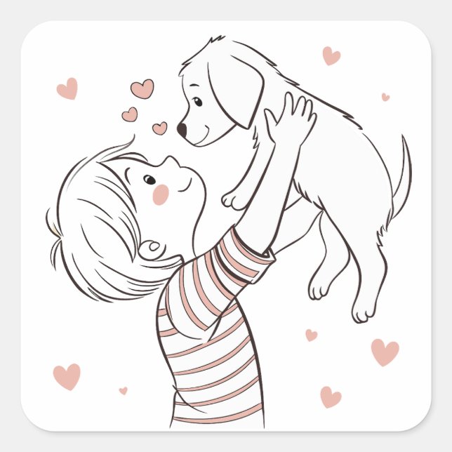 Cute Puppy with Happy Kid Cartoon Square Sticker (Front)