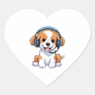 Cute Puppy with Headphones Heart Sticker