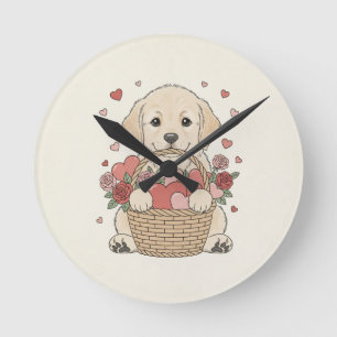 Cute Puppy with Heart and Rose Basket illustration Round Clock