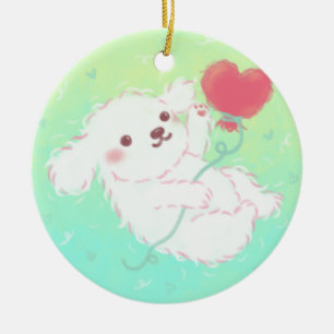 Cute Puppy with Heart Balloon Ceramic Ornament
