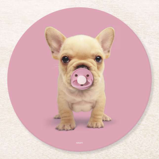 Cute Puppy with Pacifier Round Paper Coaster (Front)