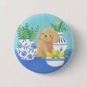 Cute Puppy with Plants, Lemons & Flower 6 Cm Round Badge