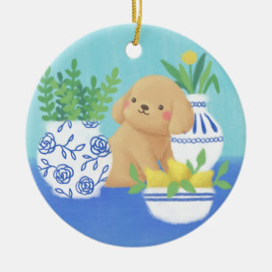 Cute Puppy with Plants, Lemons & Flower Ceramic Ornament