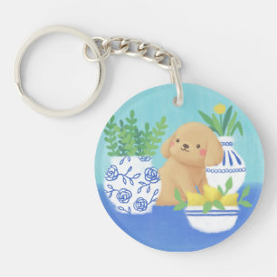 Cute Puppy with Plants, Lemons & Flower Key Ring