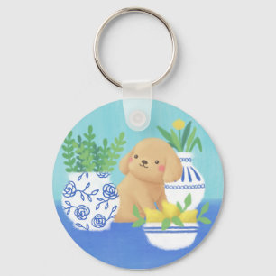 Cute Puppy with Plants, Lemons & Flower  Key Ring