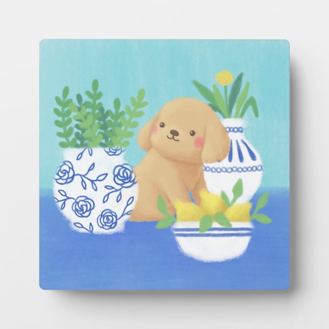 Cute Puppy with Plants, Lemons & Flower  Plaque (Front)