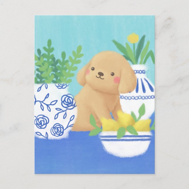 Cute Puppy with Plants, Lemons & Flower  Postcard (Front)