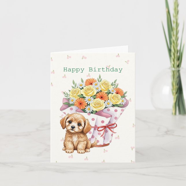 Cute Puppy with Pot of Flowers Sweet Birthday  Card (Front)