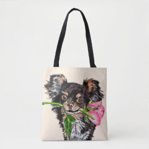 Cute Puppy with Rose - Romantic - Drawing Tote Bag