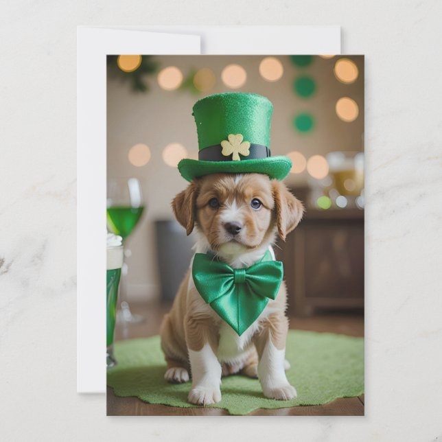 Cute puppy with St. Patrick's outfit in a Pub Holiday Card (Front)