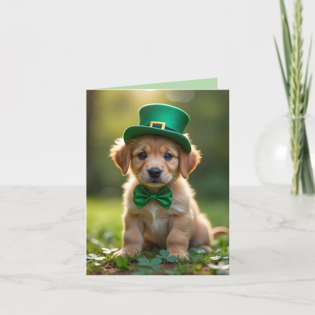 Cute puppy with St. Patrick's outfit, shamrocks  Holiday Card (Front)