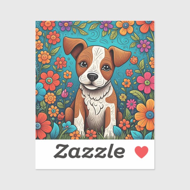 Cute Puppy with Whimsical Folk Art Flowers (Sheet)