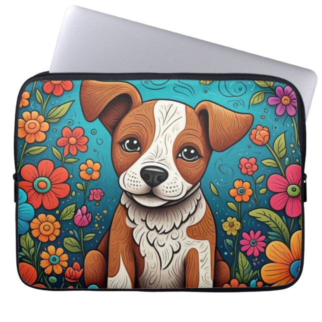 Cute Puppy with Whimsical Folk Art Flowers Laptop Sleeve (Front)