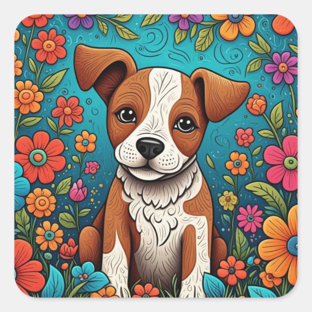 Cute Puppy with Whimsical Folk Art Flowers Square Sticker (Front)