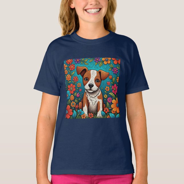 Cute Puppy with Whimsical Folk Art Flowers T-Shirt (Front)