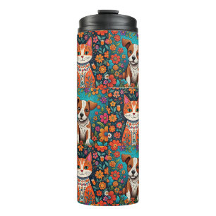 Cute Puppy with Whimsical Folk Art Flowers Thermal Tumbler