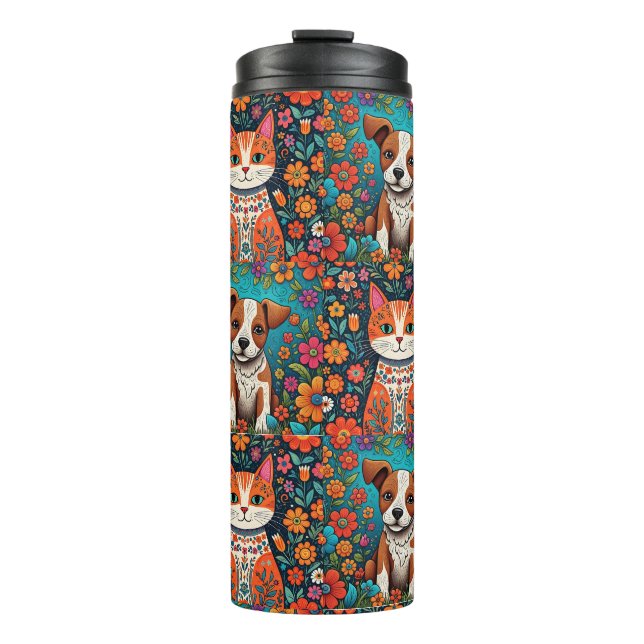 Cute Puppy with Whimsical Folk Art Flowers Thermal Tumbler (Front)