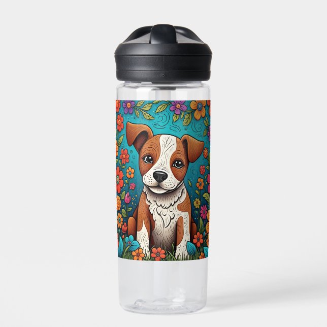 Cute Puppy with Whimsical Folk Art Flowers Water Bottle (Front)