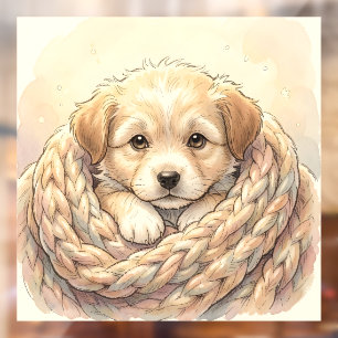Cute puppy wrapped by knitted blanket