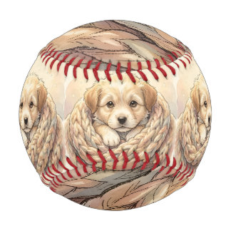 Cute puppy wrapped by knitted blanket baseball