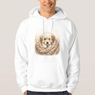 Cute puppy wrapped by knitted blanket hoodie